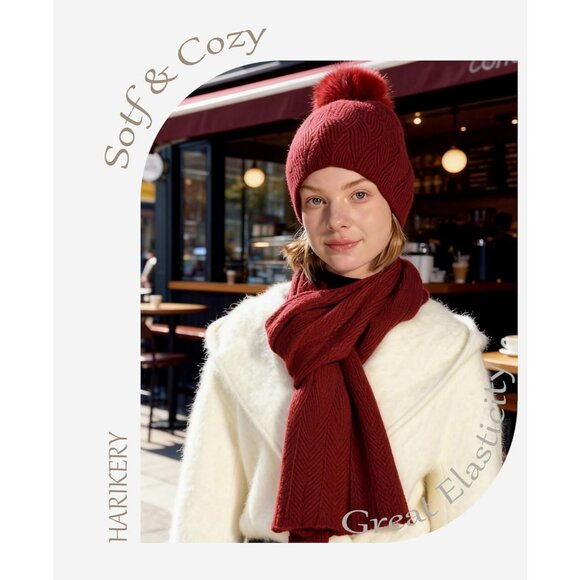 Women Hat Scarf Set Wool Blend Winter Beanie & Long Scarf Cold Weather Red - Picture 5 of 5